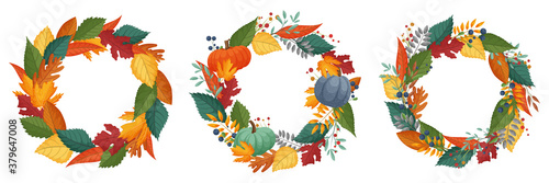 Collection of autumn wreaths with colorful leaves. Modern design for poster, banner, greeting card, postcard, packaging, print. Vector illustration.