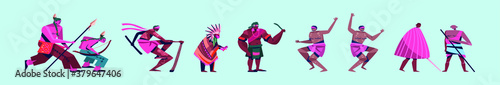 set of armed native people of african tribes cartoon character design template with various models. vector illustration isolated on blue background