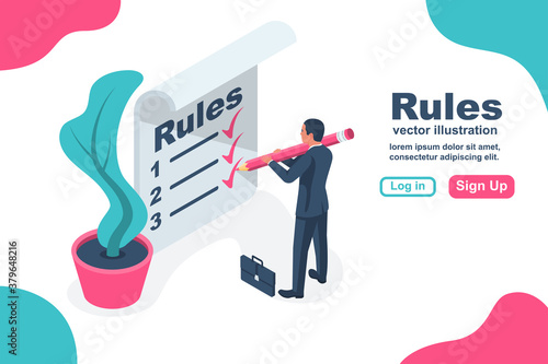 Landing page Rules. Businessman write in notebook regulations. Checklist with requirements. Rule list on blank. Vector illustration isometric 3d design. Isolated on white background.