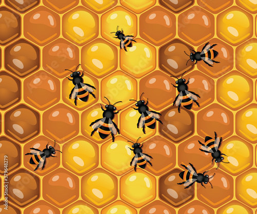 Working bees on honey cells background
