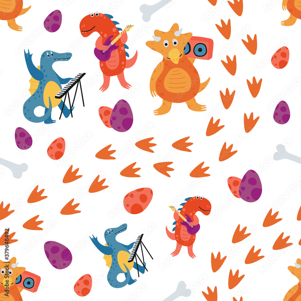 Funny seamless pattern with dinosaurs on white background. Texture with trendy characters for the design of children's textiles, Wallpaper, packaging paper. vector illustration Funny seamless pattern with dinosaurs on white background. Texture with trendy characters for the design of children's textiles, Wallpaper, packaging paper. vector illustration