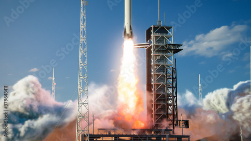 Canvas Print Shot of a Launch Pad Complex: Successful Rocket Launching with Crew on a Space Exploration Mission