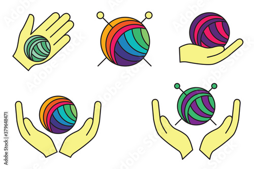 Set icons of handmade. Ball of thread. Concept of handmade. Symbol of knitting. Vector flat illustration isolated on white background. 