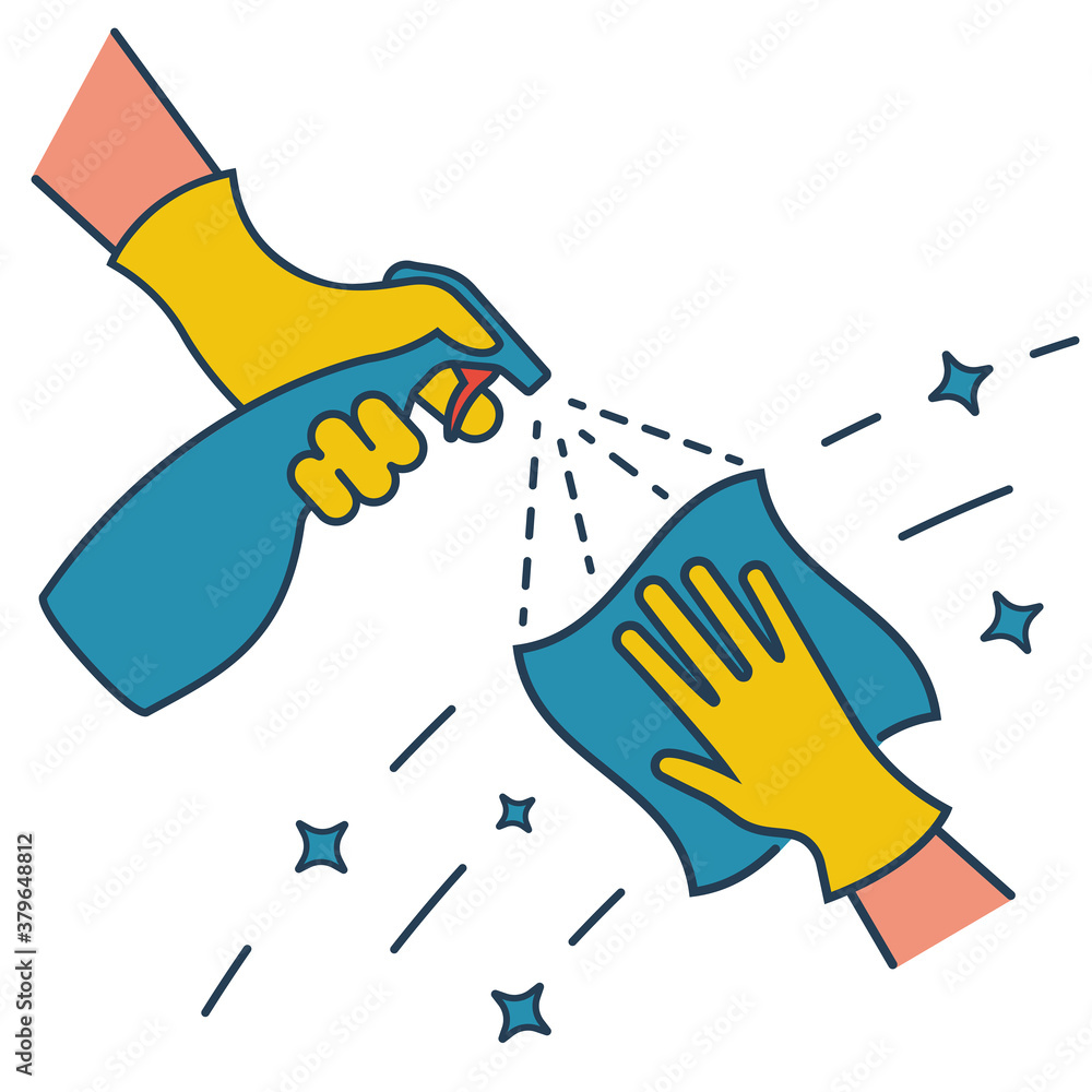 Obraz premium Cleaning service abstract background. Black line of a hand in glove with a rag. Cleanliness and shine. Hygiene and disinfection. Housekeeping concept. Work at home. Vector illustration flat design.