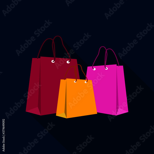 Shopping bags group icon. Empty paper bags assorted colors with long shadow.