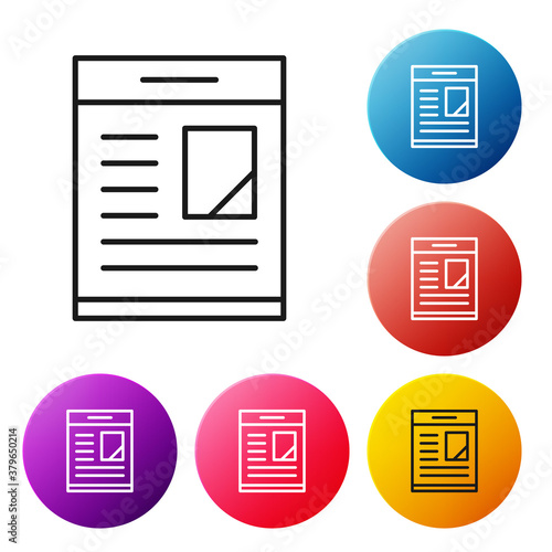 Black line Newspaper advertisement displaying obituaries icon isolated on white background. Set icons colorful circle buttons. Vector.