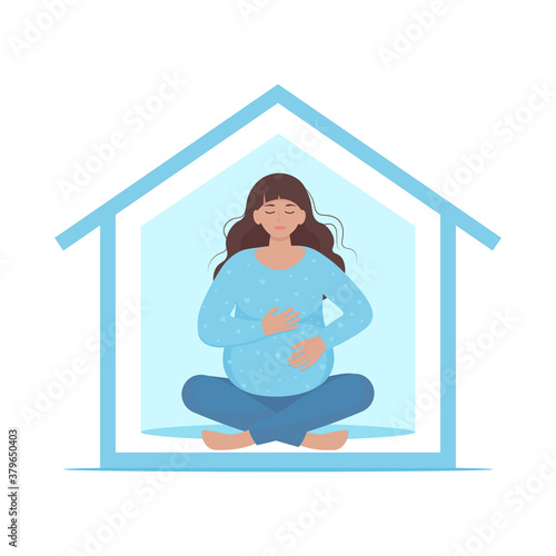 Pregnant woman doing yoga. Stay home concept. Vector illustration in flat style
