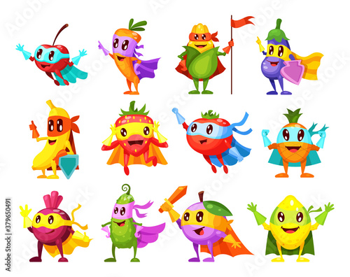 Super hero fruits, vegetables. Characters in different poses in costume at masks. Vegetable character superhero lemon, pineapple, strawberry, cherry, banana, carrot, eggplant, corn, beet, plum