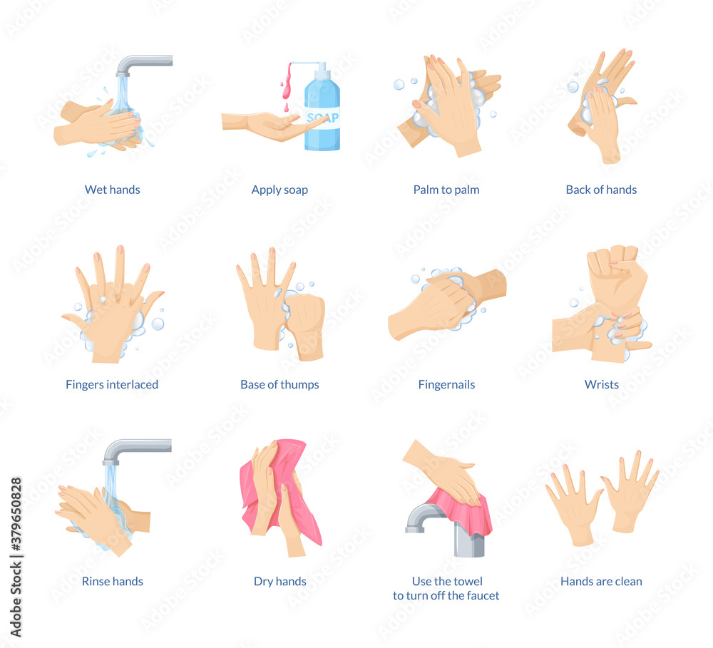 Medical instruction stages proper care of hands washing, preventive