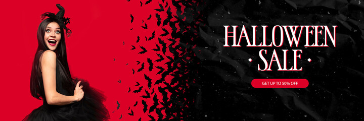 Young woman in black hat on scary red and black background. Attractive caucasian female model. Halloween, black friday, cyber monday, sales, autumn concept. Flyer for your ad. Get up to 50 off.