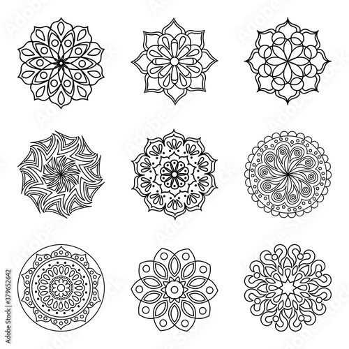 Set of 9 vector mandala contours. Isolated round patterns for coloring