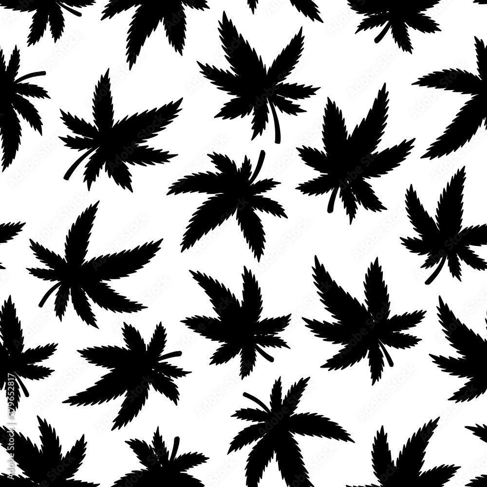 Marijuana seamless pattern. Hand drawn black and white Cannabis leaf