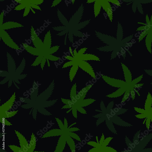 Marijuana seamless pattern. Hand drawn black and green Cannabis leaf wallpaper. Vector illustration. For web, packaging, wrapping, fashion, decor, surface, graphic design