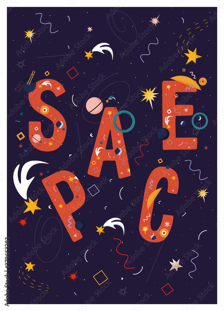 Background with the image of the starry sky. Vector nice space poster with stars, meteorites, geometric shapes and lettering. Starry sky and abstraction. Poster on the theme of cosmonautics