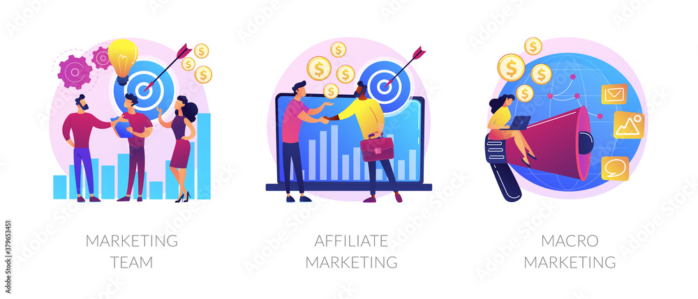 Professional marketers service, advertising business, worldwide networking icons set. Marketing team, affiliate marketing, macro marketing metaphors. Vector isolated concept metaphor illustrations