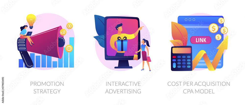 Marketing campaign planning, targeted ad, expenses analysis. Promotion strategy, interactive advertising, cost per acquisition CPA model metaphors. Vector isolated concept metaphor illustrations - obrazy, fototapety, plakaty 
