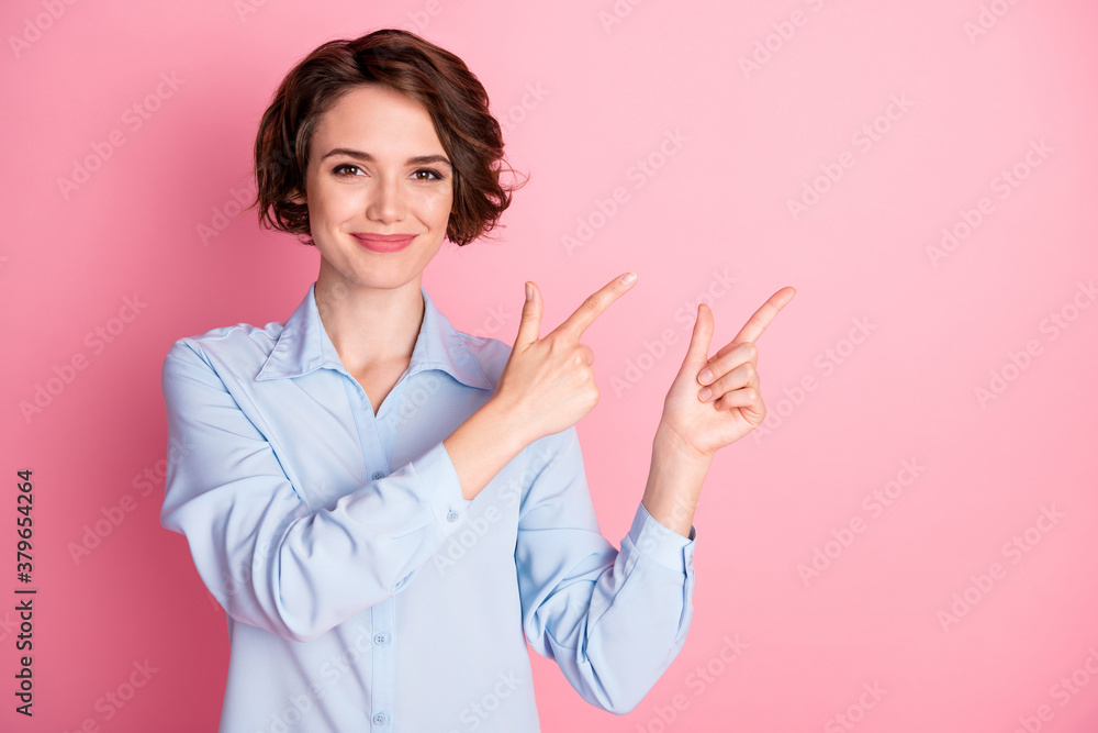 Photo of attractive charming pretty lady direct fingers side empty space show novelty addicted shopper sale low price wear blue office shirt isolated pink pastel color background Photo of attractive charming pretty lady direct fingers side empty space show novelty addicted shopper sale low price wear blue office shirt isolated pink pastel color background