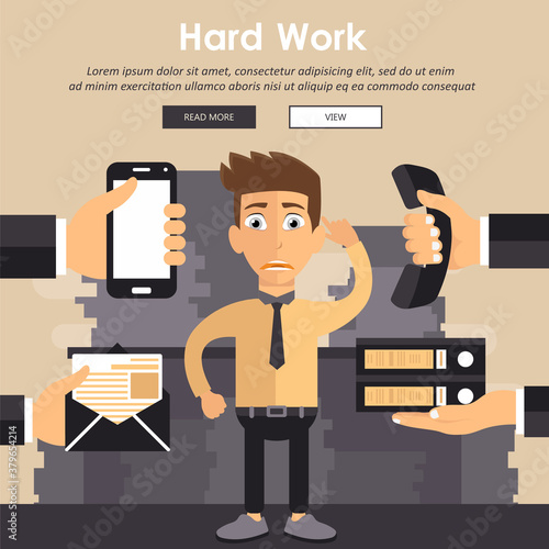 Busy person at work concept. Hard work concept. Hands with smart phone, telephone letter, documents and tablet. Analysis concept. Flat vector illustration