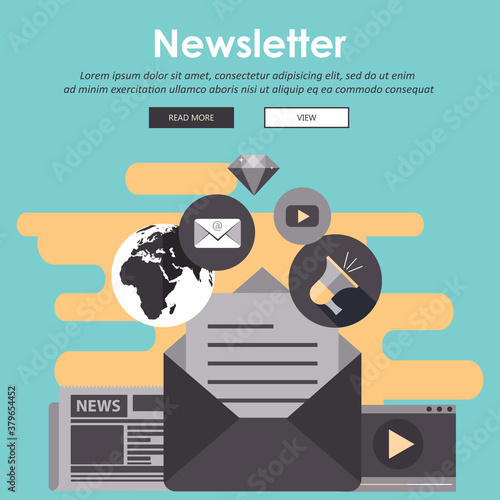 Flat design concept of regularly distributed news publication via e-mail with some topics of interest to its subscribers. Flat vector illustration. Newsletter concept