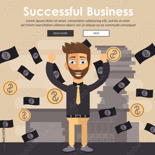 Young happy businessman with a lot of money. Business and financial success concept. Flat vector illustration