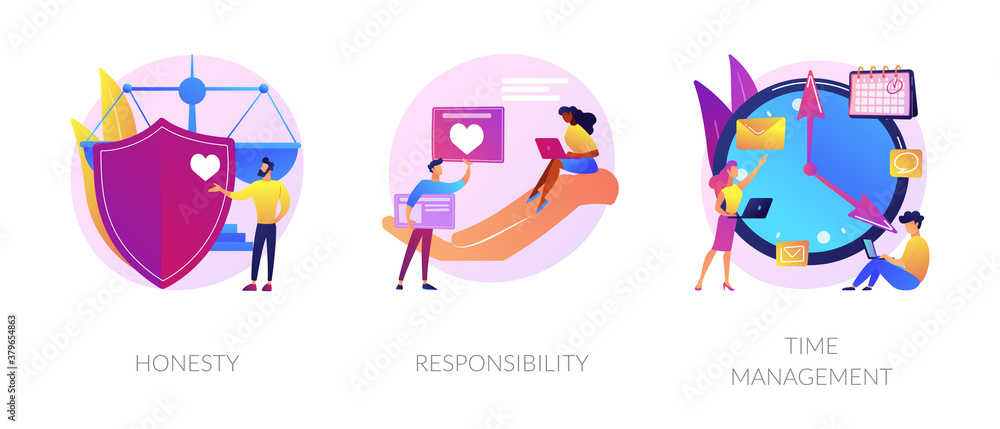 Personal and professional skills icons set. Honesty, responsibility, time management metaphors. Personnel training, employee coaching. Vector isolated concept metaphor illustrations. Personal and professional skills icons set. Honesty, responsibility, time management metaphors. Personnel training, employee coaching. Vector isolated concept metaphor illustrations.