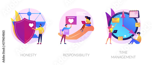 Personal and professional skills icons set. Honesty, responsibility, time management metaphors. Personnel training, employee coaching. Vector isolated concept metaphor illustrations.