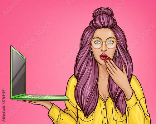 Vector pop art illustration of a amazed young girl holds an open laptop in her hand. Excellent advertising poster with a beautiful woman in glasses, open mouth for promoting a new laptop model.