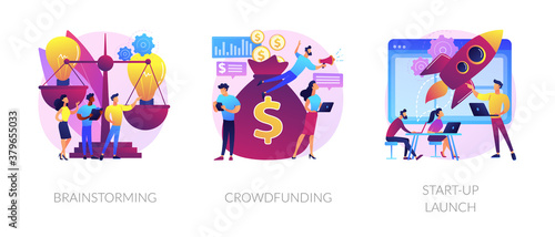 Innovative business ideas implementation and teamwork. Company personnel meeting. Brainstorming, crowdfunding, start-up launch metaphors. Vector isolated concept metaphor illustrations