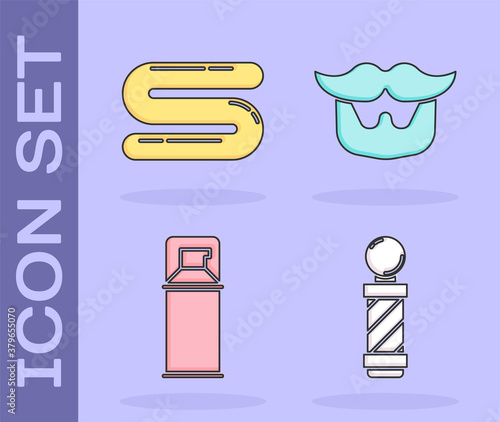 Set Classic Barber shop pole, Towel, Shaving gel foam and Mustache and beard icon. Vector.