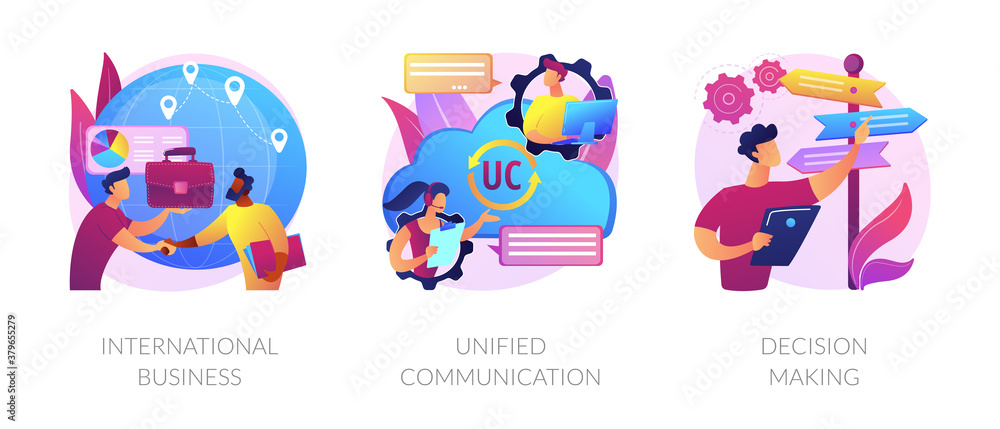 Business communication and collaboration, teamwork, partnership. International business, unified communication, decision making metaphors. Vector isolated concept metaphor illustrations.