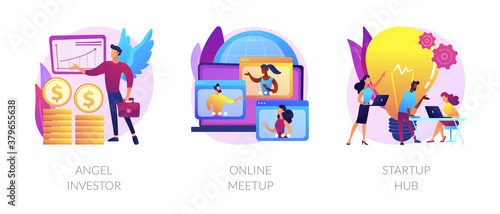 Business startup and communication abstract concept vector illustration set. Angel investor, online meetup, startup hub, financial support, online crowdfunding, entrepreneurship abstract metaphor.