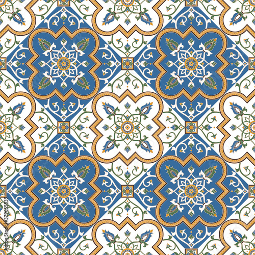 Portuguese tile pattern vector seamless with floral motifs. Italian majolica, portugal azulejos, arabesque, mexican talavera and spanish ceramic. Background for kitchen mosaic wall or bathroom floor.