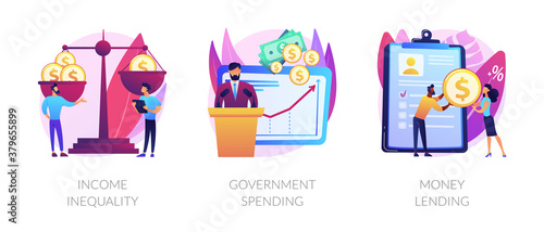 Money distribution abstract concept vector illustration set. Income inequality, government spending, money lending, salary gap, country budget, bank credit, individual loan, welfare abstract metaphor.