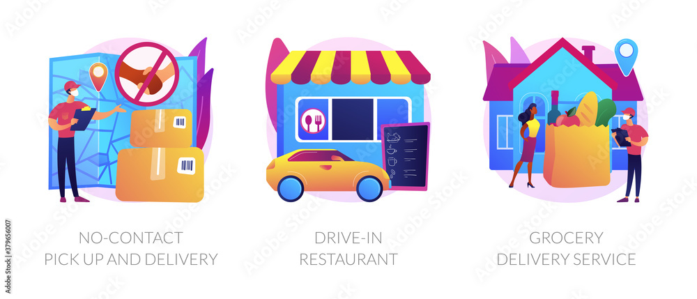 Safe way to get food and essentials abstract concept vector illustration set. No-contact pick up and delivery, drive-in restaurant, grocery delivery service in covid-2019 quarantine abstract metaphor. Safe way to get food and essentials abstract concept vector illustration set. No-contact pick up and delivery, drive-in restaurant, grocery delivery service in covid-2019 quarantine abstract metaphor.