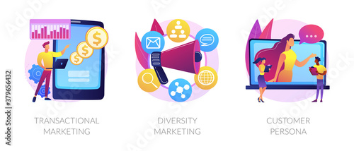 Marketing strategies abstract concept vector illustration set. Transactional and diversity marketing, customer persona, individual sales, customized advertising, target audience abstract metaphor.