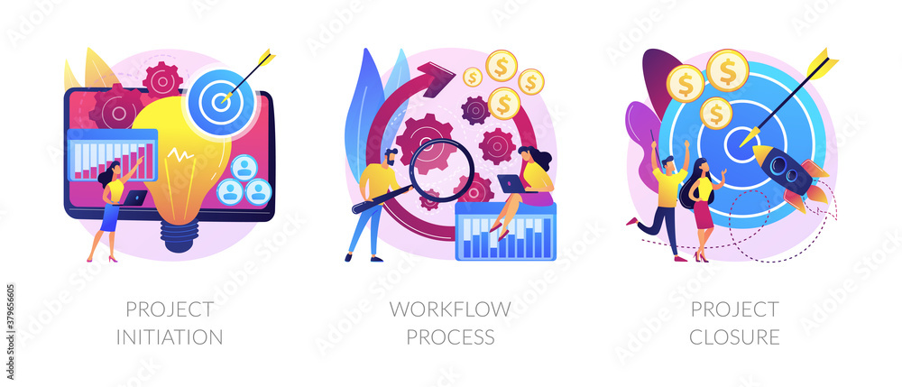 Project implementation abstract concept vector illustration set. Project initiation and closure, workflow process, business analysis, vision and scope, management software, deadline abstract metaphor. Project implementation abstract concept vector illustration set. Project initiation and closure, workflow process, business analysis, vision and scope, management software, deadline abstract metaphor.