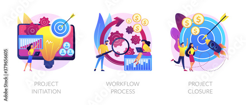 Project implementation abstract concept vector illustration set. Project initiation and closure, workflow process, business analysis, vision and scope, management software, deadline abstract metaphor.