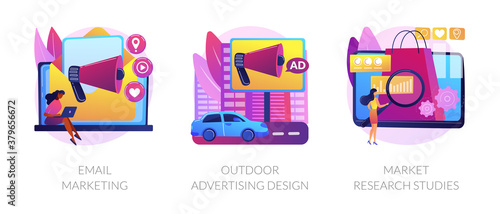 Product marketing campaign abstract concept vector illustration set. Email marketing, outdoor advertising design, market research study, customer need, brand management, focus group abstract metaphor.