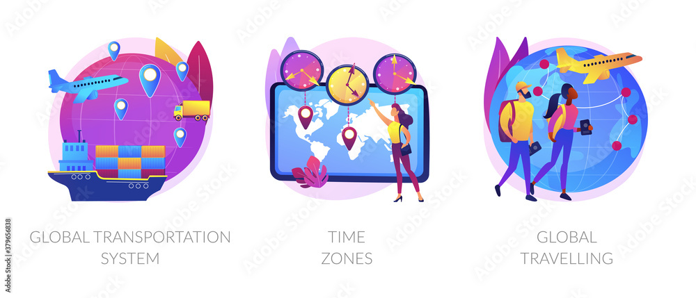 International business coordination abstract concept vector illustration set. Global transportation system, time zone, global travelling, worldwide logistics, travel agency, jet lag abstract metaphor. International business coordination abstract concept vector illustration set. Global transportation system, time zone, global travelling, worldwide logistics, travel agency, jet lag abstract metaphor.