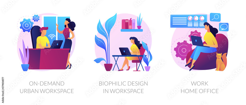 Workplace organization abstract concept vector illustration set. On-demand urban workspace, biophilic design, work home office, coworking, client meeting room, distance work abstract metaphor. Workplace organization abstract concept vector illustration set. On-demand urban workspace, biophilic design, work home office, coworking, client meeting room, distance work abstract metaphor.