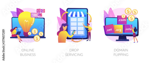 Online business abstract concept vector illustration set. Drop servicing, domain flipping, business opportunity, outsource, drop shipping, web hosting, social media sales, promotion abstract metaphor.