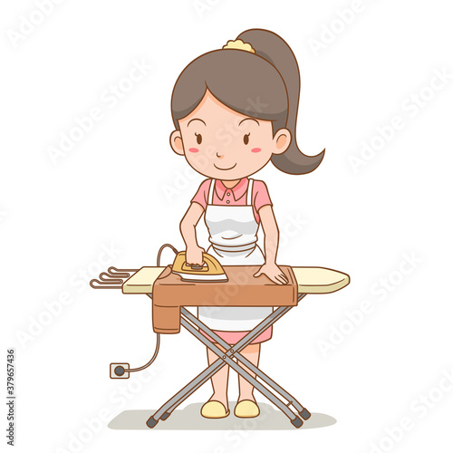 Cartoon character of housewife ironing the clothes on ironing board.