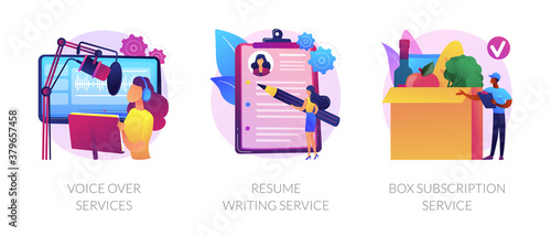 Online based jobs abstract concept vector illustration set. Voice over services, resume writing, box subscription, audio and video production, CV online, box delivery startup abstract metaphor.