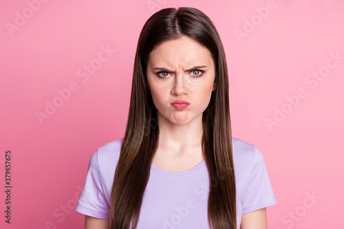 You're liar. Closeup photo of displeased angry lady look annoyed boyfriend listen apologizing offended moody expression wear purple t-shirt isolated pastel pink color background