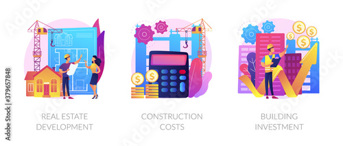 Construction project management abstract concept vector illustration set. Real estate development, construction costs, building investment, buy land, bank loan, financial plan abstract metaphor.