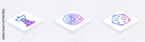 Set Isometric line Satellite dish, Solar system and UFO abducts cow. White square button. Vector.