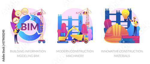 Construction technology innovation abstract concept vector illustration set. Building information modeling, modern construction machinery, new construction material, heavy equipment abstract metaphor.