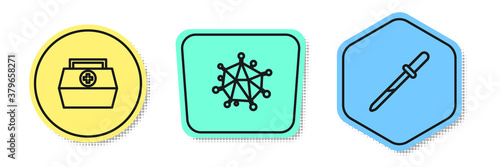 Set line First aid kit, Virus and Pipette. Colored shapes. Vector.