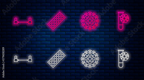 Set line Pills in blister pack, Virus, Safe distance and Test tube with virus. Glowing neon icon on brick wall. Vector.