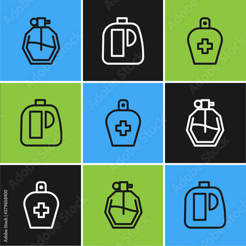 Set line Perfume, Bottle of liquid antibacterial soap and Bottles for cleaning agent icon. Vector.